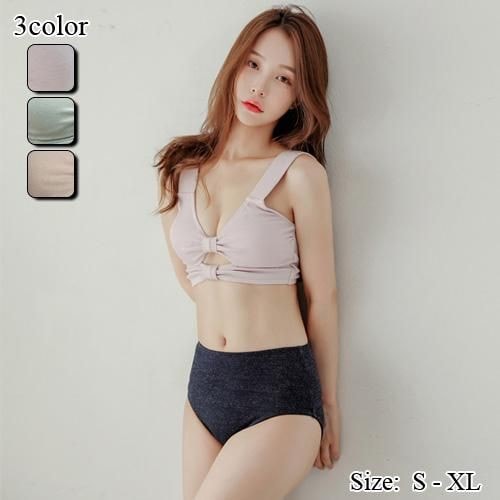 【グラシア】 水着 ビキニ レディース ビーチウェア スイムウェア 流行 海 プール バストリボン 2段 ラメ リボン 女子力 繊細 バックスタイル ライトピンク×ネイビー ライトブルー×ブルー ピン