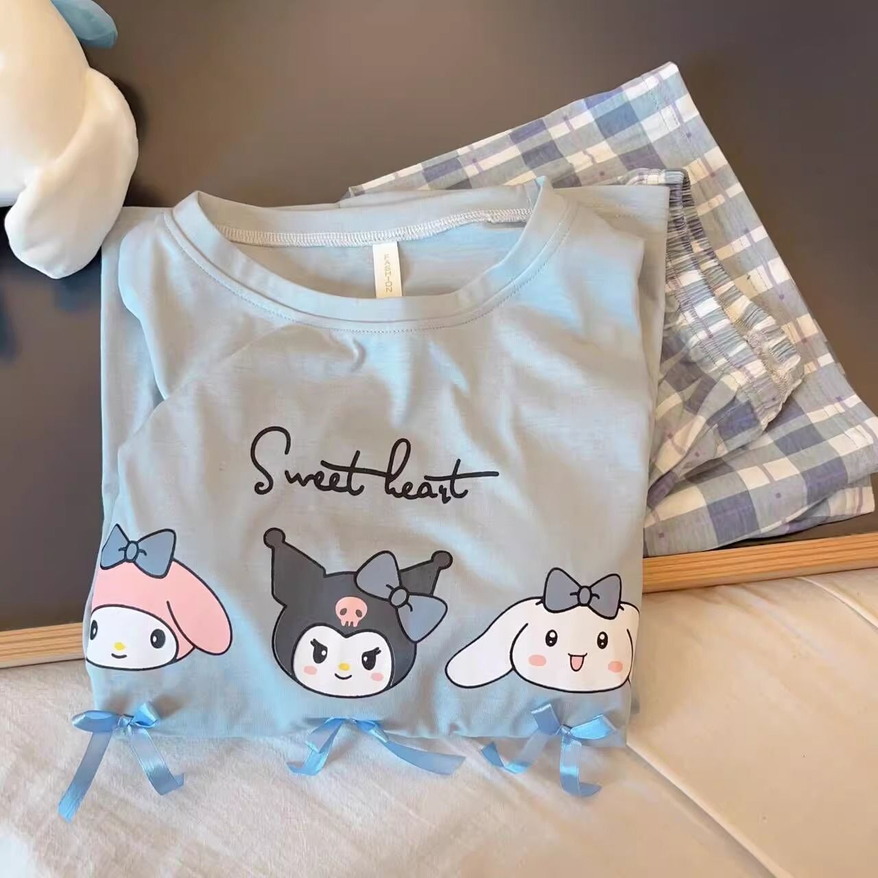 【極速出荷】日系半袖パジャマ女性薄綿持参胸パッドカジュアル格子パンツ家居服