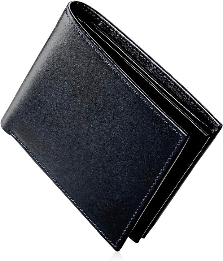 二つ折り財布 メンズ イタリアンレザー BOX型小銭入れ カード12枚( ネイビー)