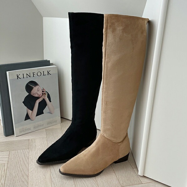 ロングブーツ ルーズ ポインテッドトゥ フラット レディース 黒 茶色 ブラック ブラウン