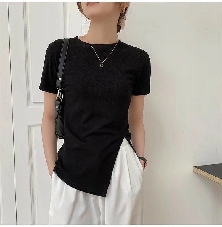 女性用 半袖 tシャツ 夏 新作 韓国風 スリムフィット 裾スリット ボトムシャツ 女の子用 トップス