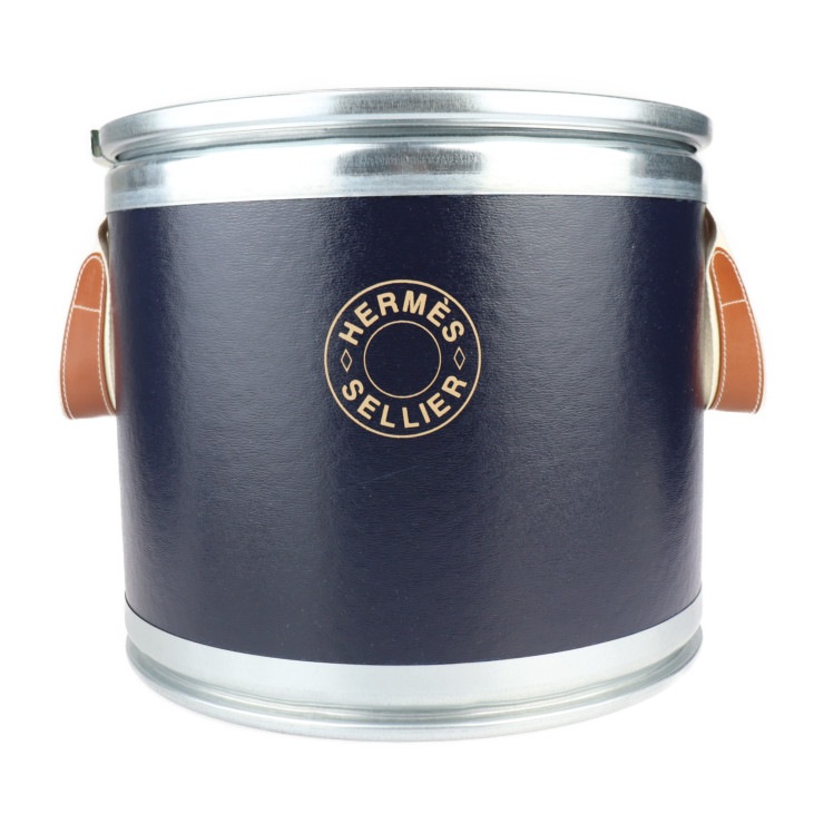 新古未使用展示品 HERMES エルメス その他雑貨 - アルミ リサイクルペーパー シルバー ネイビー 馬具缶 馬具入れ マルチケース 本物保証 中古