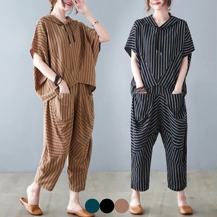 セットアップ　2点セット　サルエルパンツ　ドルマン　トップス　ウエストゴム　フード　レディース　ボトムス　ゆったり　体型カバー　ボーダー　ストライプ　オーバーサイズ　大きいサイズ　夏今日は30パーセン