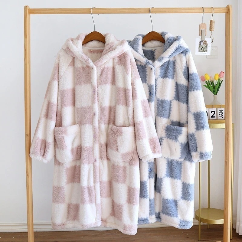 【迅速な出荷】秋冬パジャマ可愛いレディースモコモコパジャマ大人用着ぐるみパジャマワンピース冬用チェック柄暖かいクマ耳ルームウェアード付き防寒