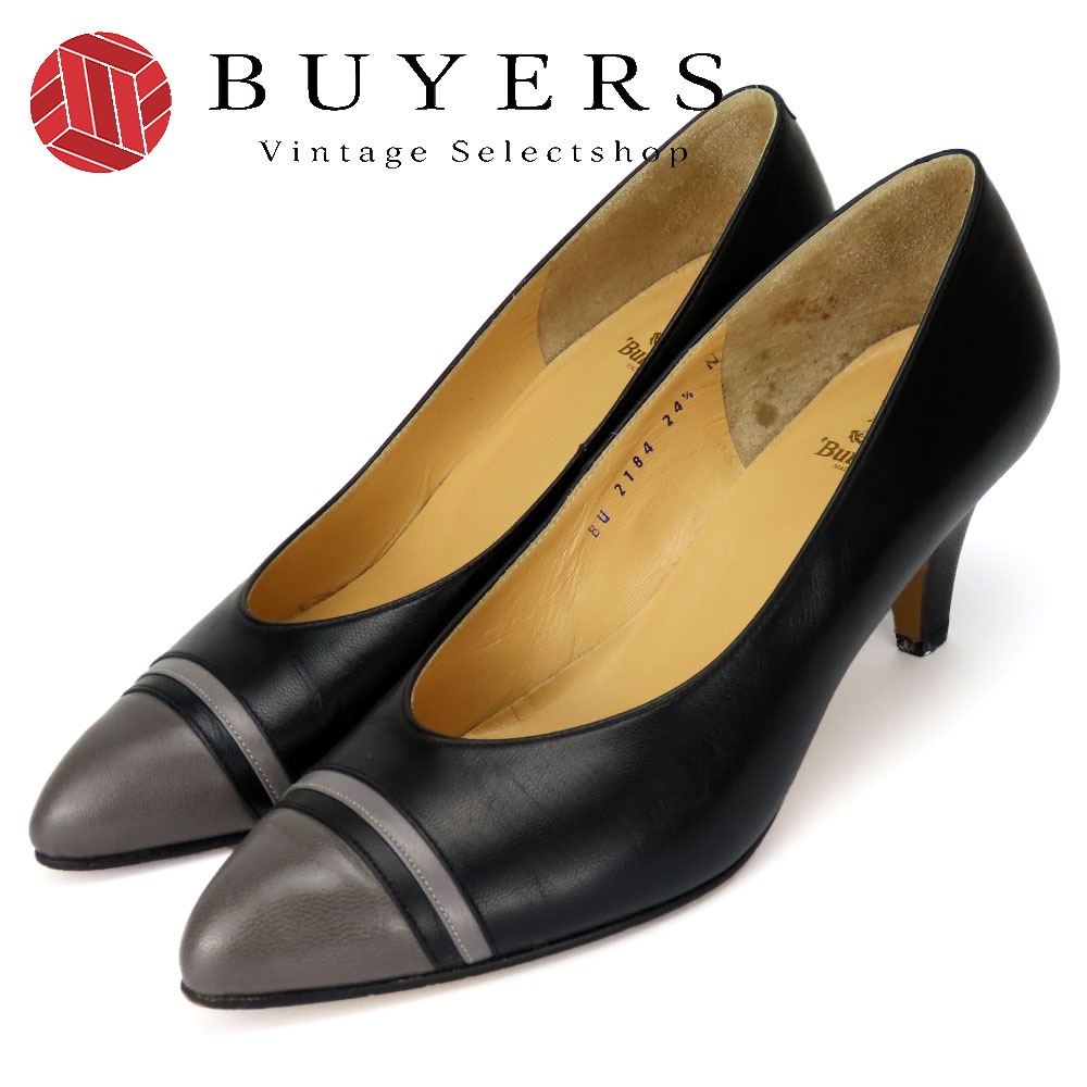 中古 パンプス 24 1/2 レザー ブラック グレー JPサイズ約24.5cm ヒール約6cm シューズ 靴 レディース 女性