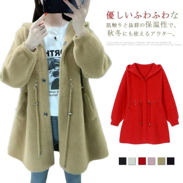 全6色&amp times 5サイズ！ボアコート モヘアタッチ カーディガン ロングカーディガン ロングコート フード付き ウエスト紐付き aライン 暖かい 秋冬 厚手 ふわふわ もこもこ 可愛い オ
