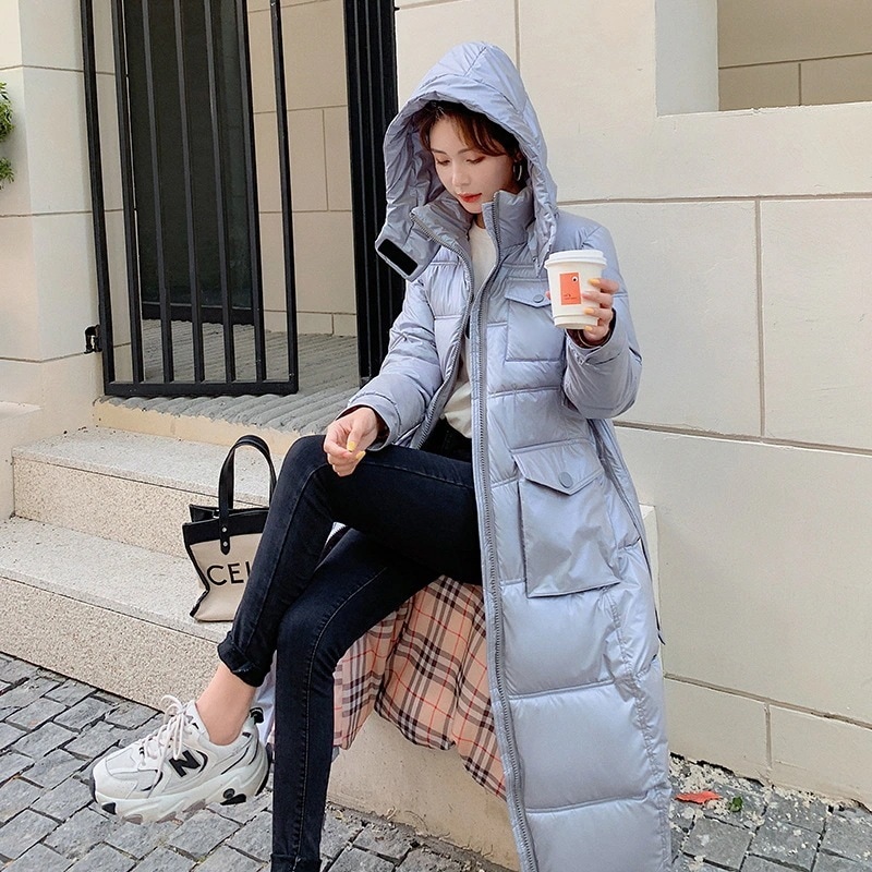 2024 ダウン中綿ジャケット レディース ミドル丈 膝上 光沢感 使い捨て スリム フード付き スレンダー ロング コットン コート ジャケット