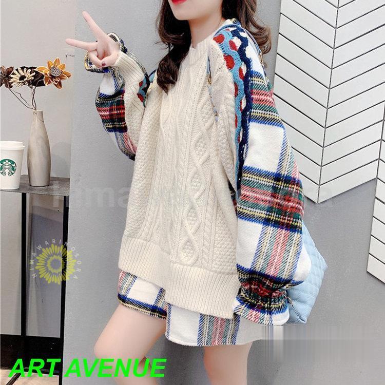 【2025秋冬人気】即納ニット レディース 長袖 秋 トップス セーター 切り替え チェック柄 配色 丸首 重ね着 おしゃれ カジュアル