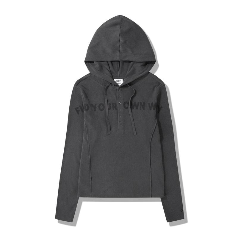JQ4THF037 ダークグレー 女性用スリムフィットボタンリブフード付きTシャツ