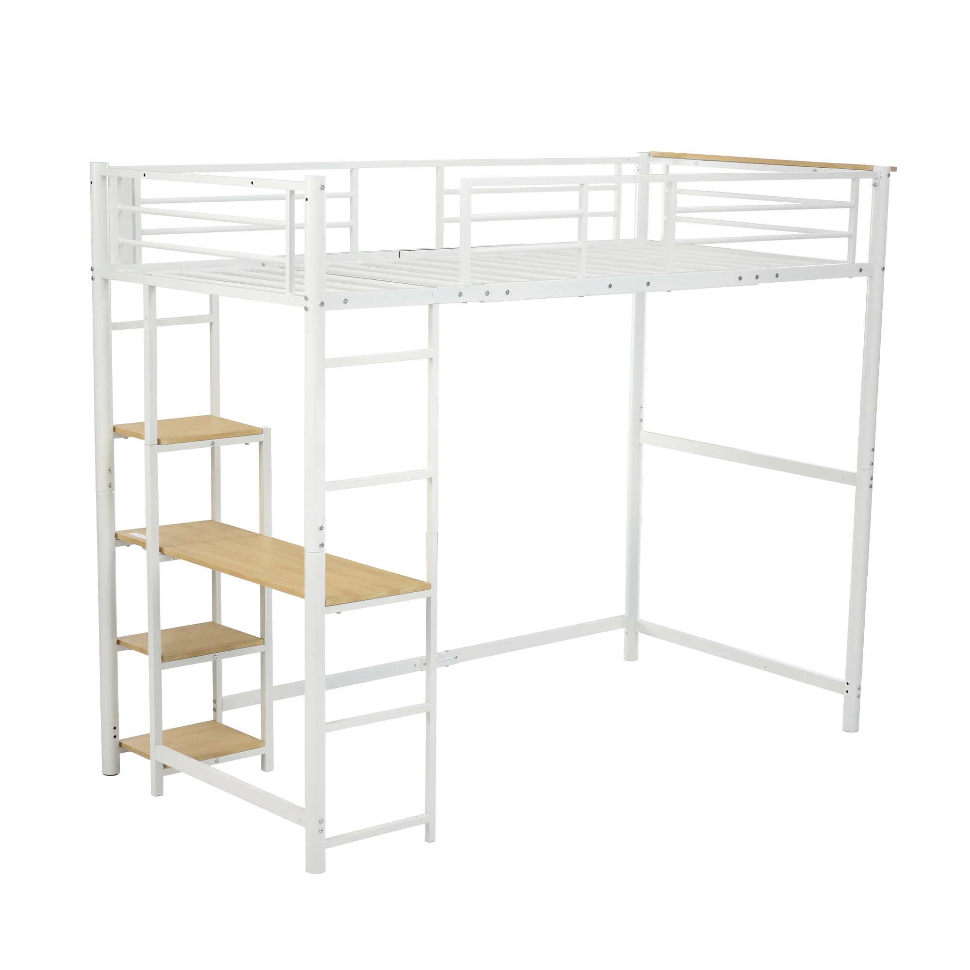 161ロフトベッド パイプベッド シングル 木 デスク付き コンセント付き 耐荷重150kg 高さ170cm 収納棚 ロフトベッド ハイタイプ はしご付き 北欧風 子供部屋 送料無料 スチール 耐震