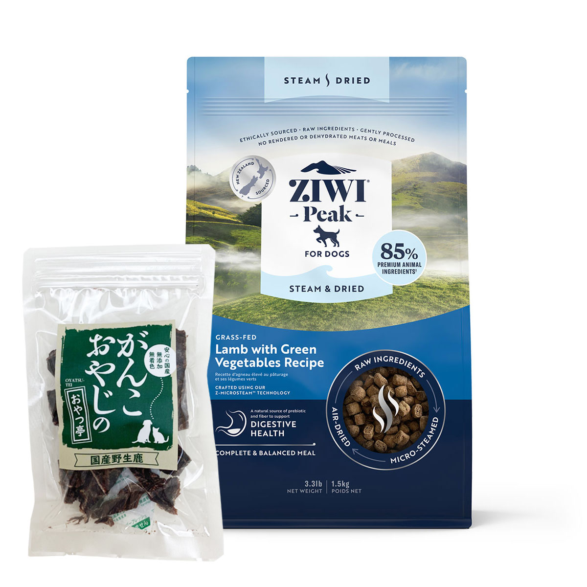 スチーム & ドライ・ドッグフード グラスフェッドラム with グリーンベジタブルレシピ 1.5kg【国産鹿肉ジャーキー20g付き】