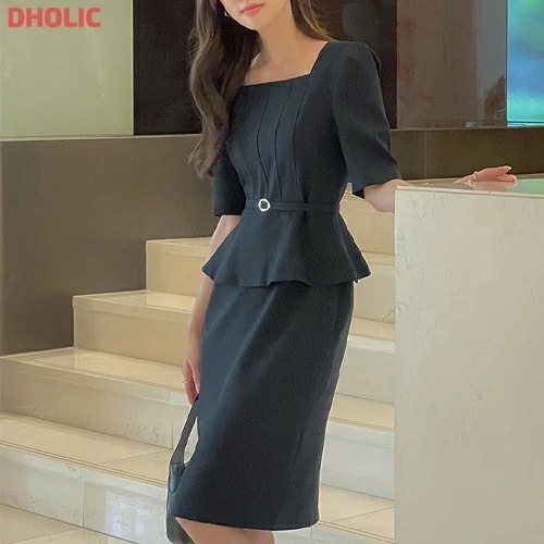 [メガ割りSALE]ベルト付スクエアペプラムパフワンピース