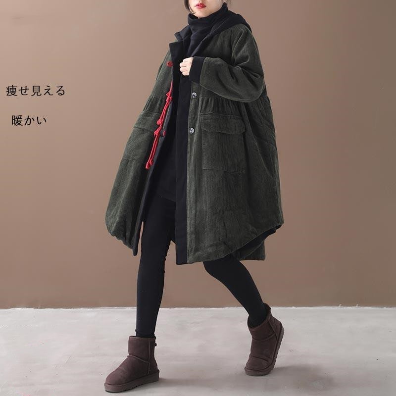 超目玉新品 開きコート 長袖 ロングコート フード付き 前開き トップス 秋 冬 アウター ポッケト ボタン留め 大きい体型カバー