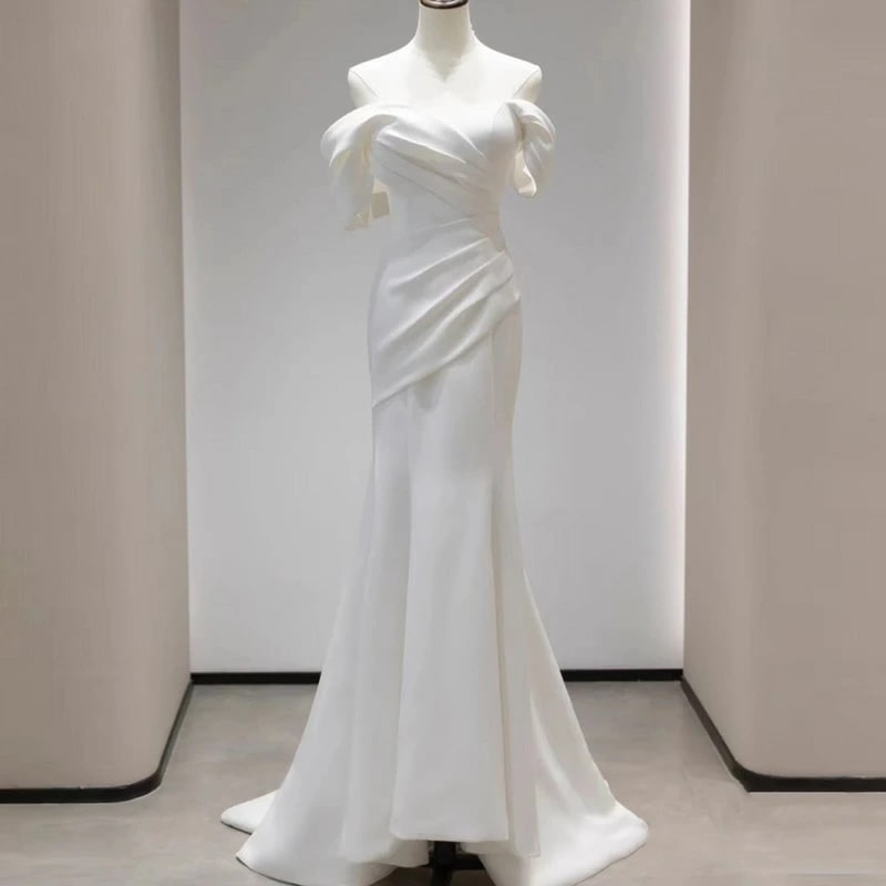 ウェディングドレス オフショルダー マーメイドライン 二次会ドレス ウェディング サテン ドレス 白 二次会 結婚式ドレス マーメイドドレス ロングドレス ホワイトドレス 海外挙式 披露宴 XS S