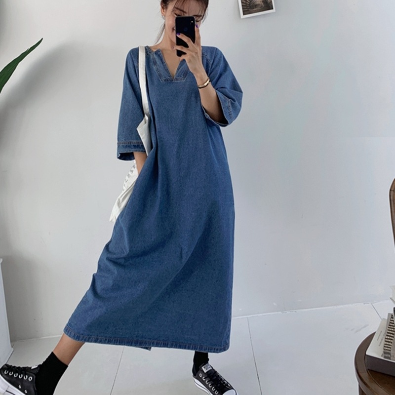 ワンピース レディース 送料無料 Tシャツワンピース ロングワンピース マキシワンピース Vネック 七分袖 7分袖 体型カバー 細見え 華奢見え スタイルアップ ロング丈 マキシ丈 ブルー ワイド ゆ
