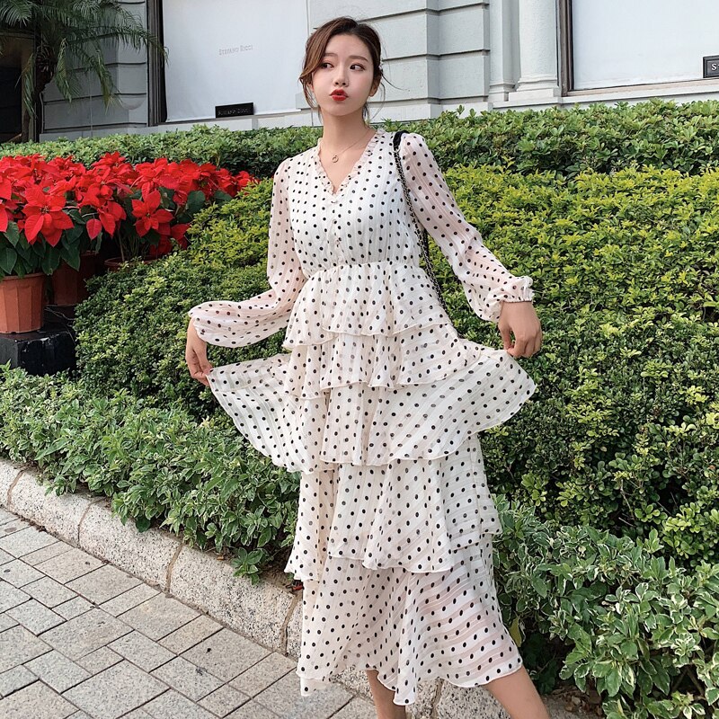 ワンピース レディース 送料無料 ティアードワンピース シフォンワンピース パーティードレス ドットワンピース 長袖 ハイウエスト Vネック ロング丈 おしゃれ ロマンチック ガーリー キュート かわ