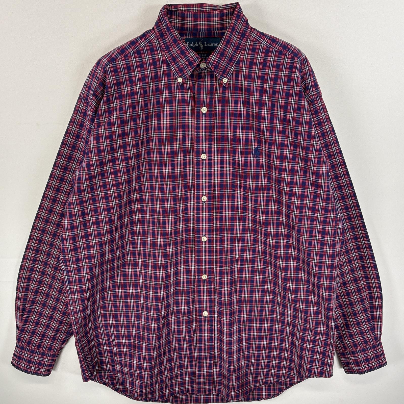 古着 90s/90年代 長袖シャツ ボタンダウンシャツ ワンポイント ロゴ 刺繍 BLAKE M ネイビー系 チェック メンズ