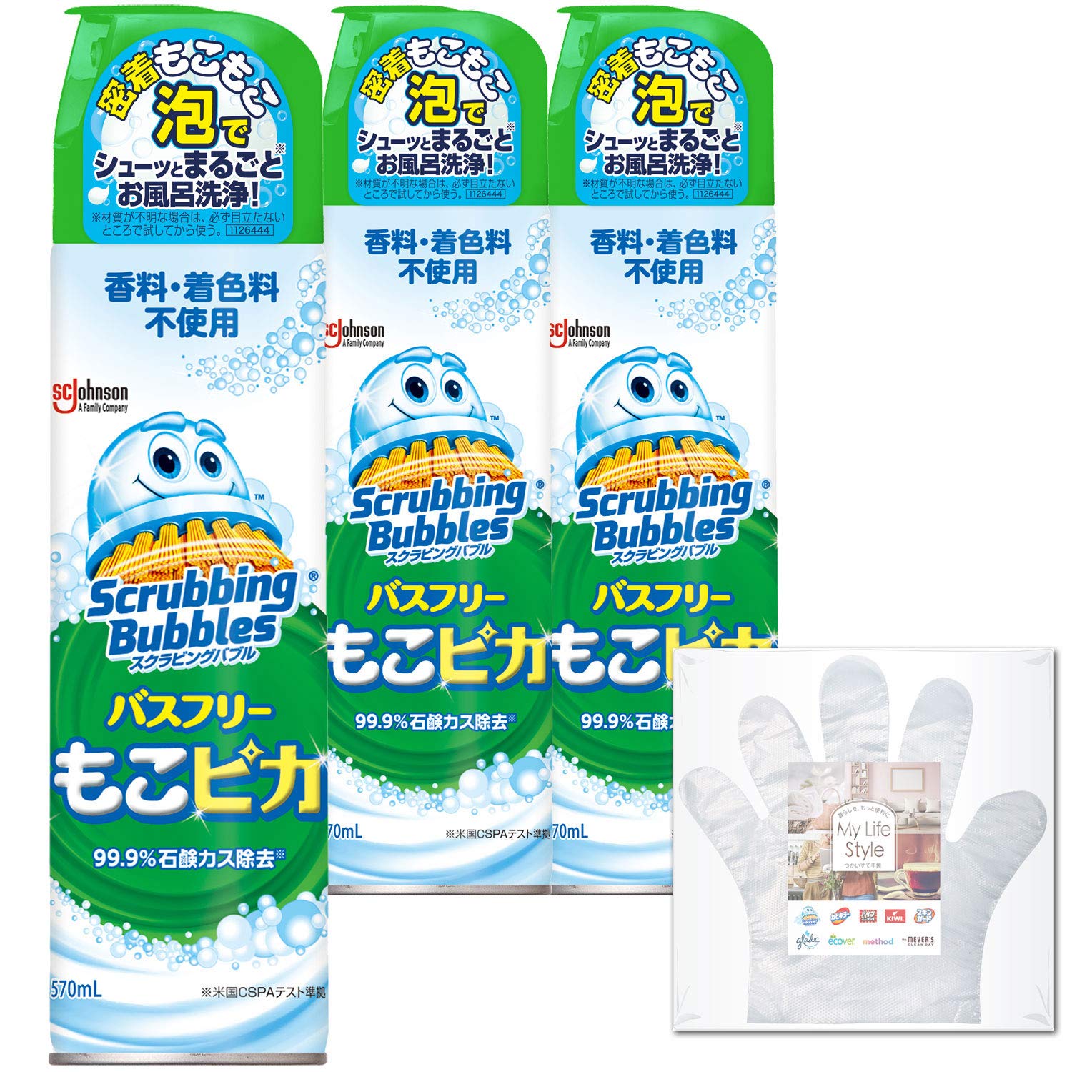 「Amazon.co.jp 限定」【まとめ買い】スクラビングバブル 浴室・浴槽洗剤 バスフリー もこピカ 3本セット 570mlx3本 お掃除用手袋つき