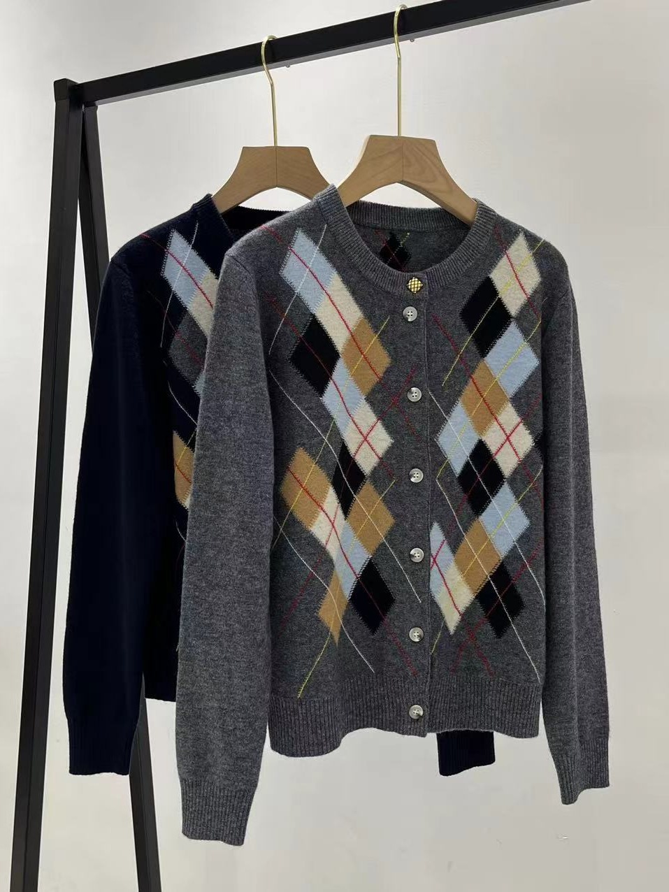 菱格紋ウールニットカーディガン秋冬クラシック英倫学院風丸襟毛 コート