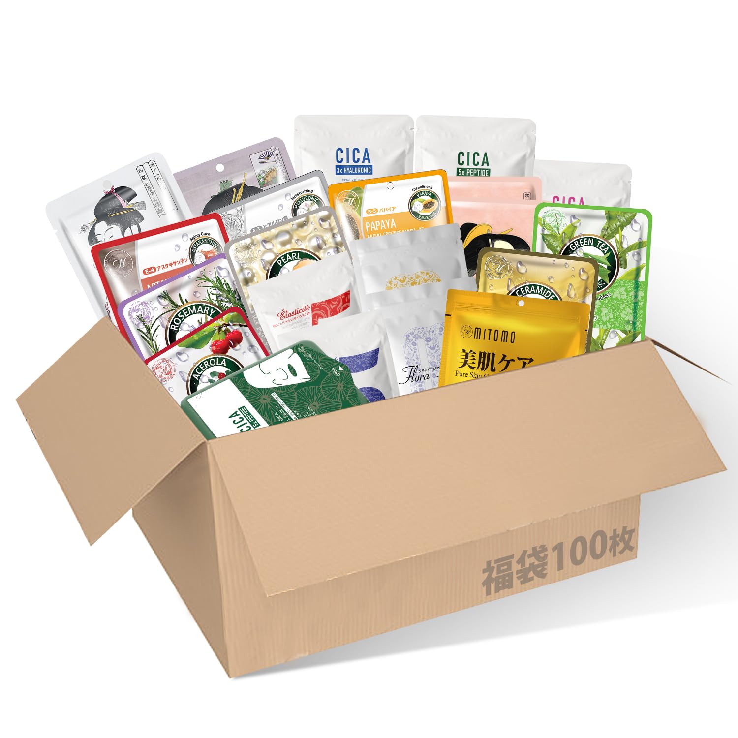 MITOM LIFE パック フェイスパック 福袋 大容量 パック 顔 フェイスパック プレミアム美容マスクパック100枚 - ナチュラル由来成分で肌を保湿・トーンアップ！[LBML000100]