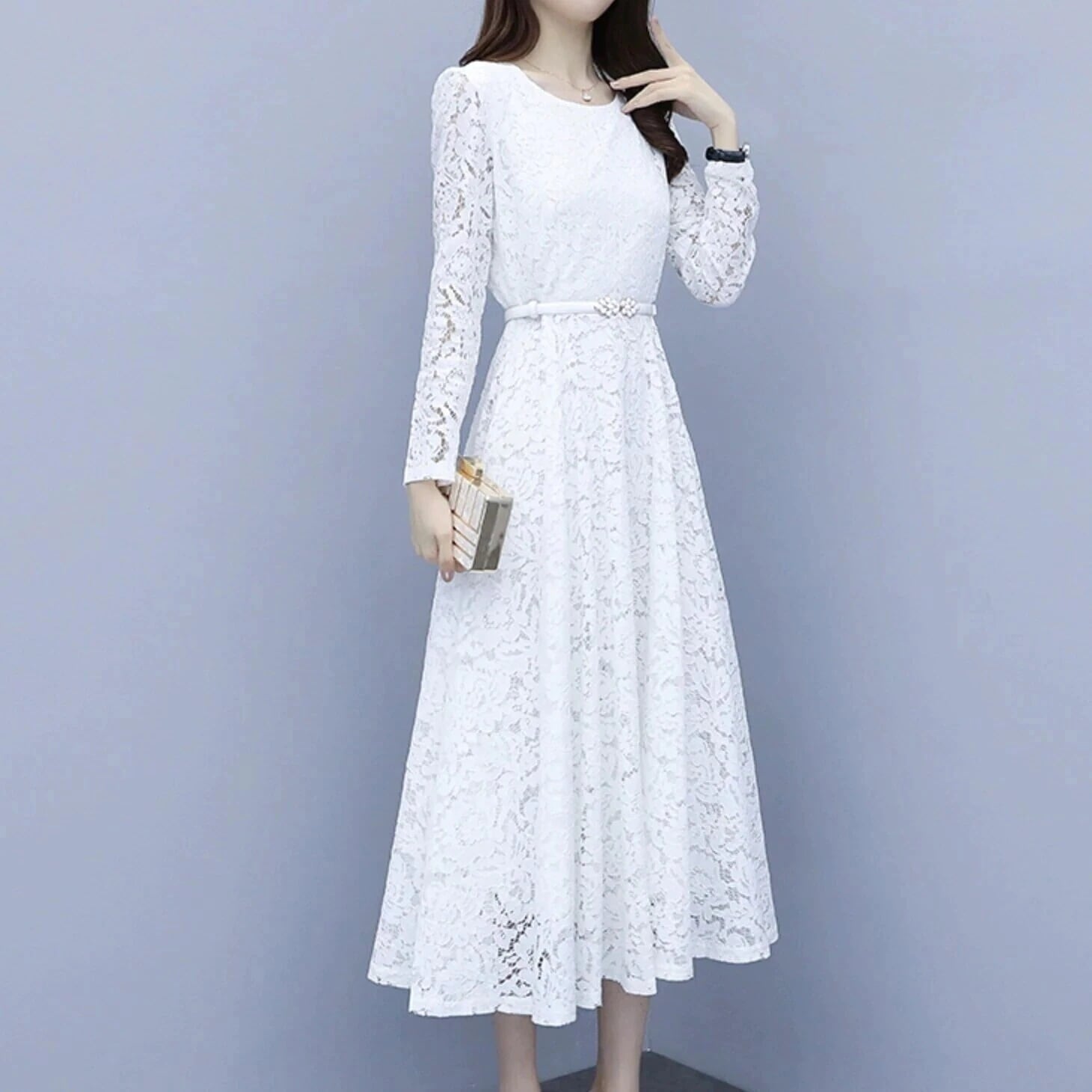 ワンピース 膝丈　膝上　レースワンピース　ミモレ丈 袖あり 長袖 ラウンドネック Aライン レース プルオーバー　ウエストベルト　レース　シースルー　フレア　フリル　タイト　スリム　エレガント　韓国