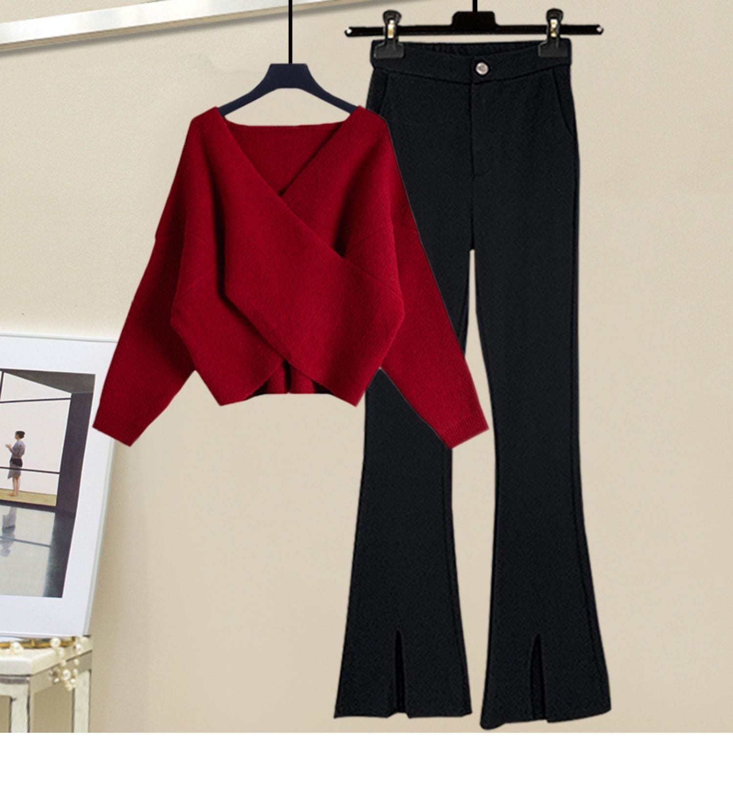 トップス ボトムス パンツ セーター ズボン ワイドパンツ レギュラー丈 袖あり 長袖 Vネック ワイド スリット 綿 薄手 上下セット 2点セット ツーピース かわいい きれいめ シンプル