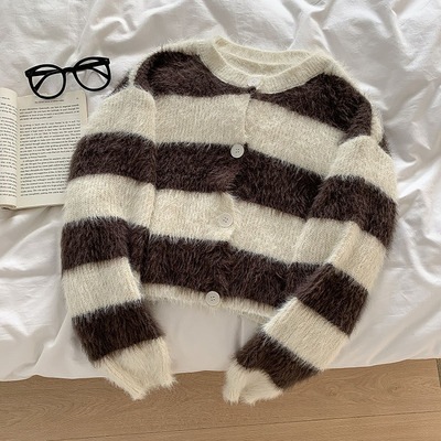 トップス ニットソー カーディガン レギュラー丈 長袖 レギュラー袖 ラウンドネック 柔らかい ニット ウール ポリエチレン 可愛い カジュアル お洒落 キュート とろみ感 柄 ストライプ 秋 冬 5,206円