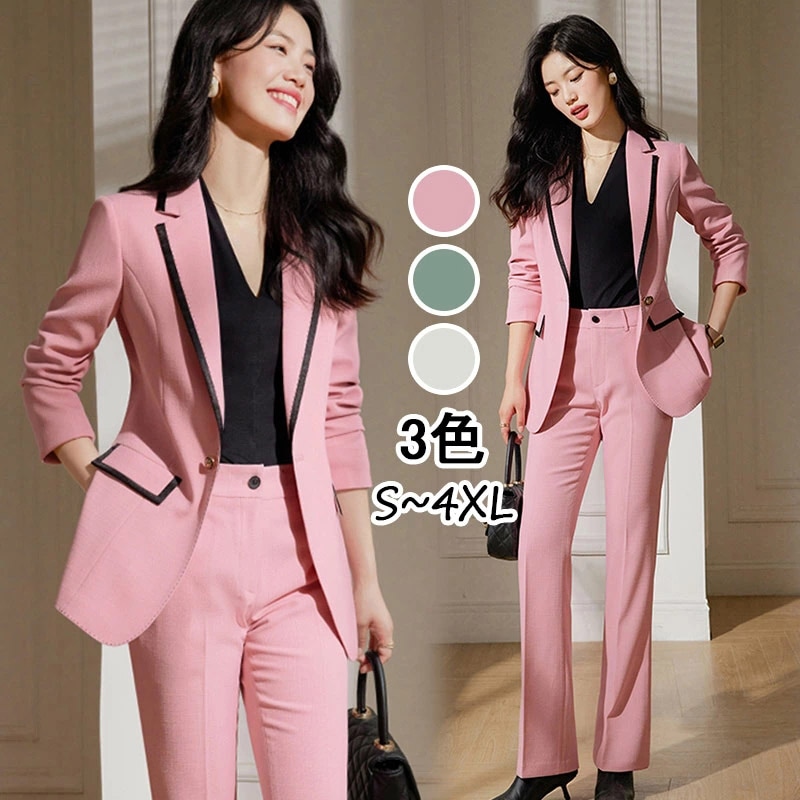 送料無料 全3色 スーツ レディース ピンク パンツスーツ ベージュ グリーン カラースーツ セレモニースーツ 入園式 卒園式 オシャレ スーツセット スーツ 2点セット パーティー 結婚式 春 秋