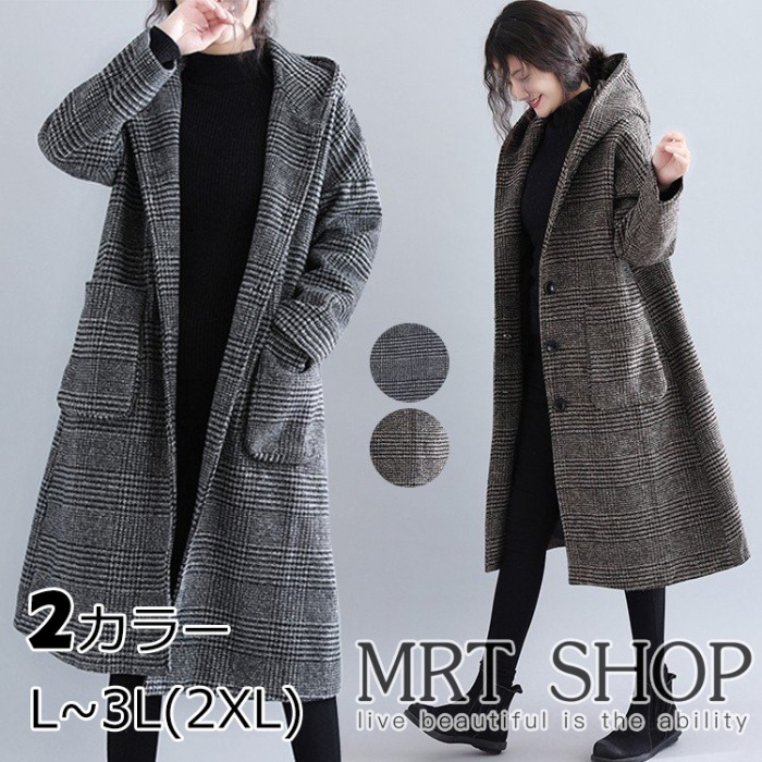 グレンチェック コート レディース アウター フーデットコート フード コクーン ロング丈 L LL 3L ロングコート レディース アウター コート ロング丈 5,397円