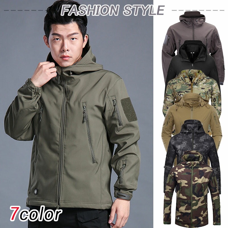 メンズ アウター ミリタリージャケット フード付 サメ革 タクティカルジャケット アウトドア コート ジャンパー 春秋冬 防寒ウェア 多機能
