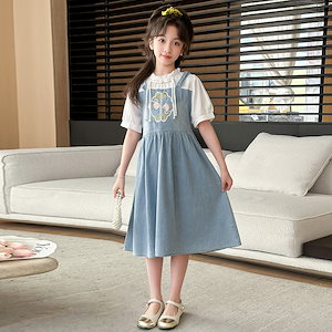 女の子の夏の新しいチャイナデニムドレス中国風子供フェイクツーピースシャツスプライシングスカート
