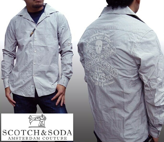 スコッチ&ソーダ スコッチアンドソーダ scotch&soda メンズ 長袖 シャツ ストライプ 刺繍 グレー ピンク ダブルボタン ロールアップ トップス カジュアル サーフ セレブ ストリート ヨ