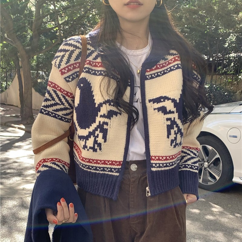 カウチン風 マルチカラー配色 模様編み バード柄 鳥模様 幾何学調パターン ジップアップ