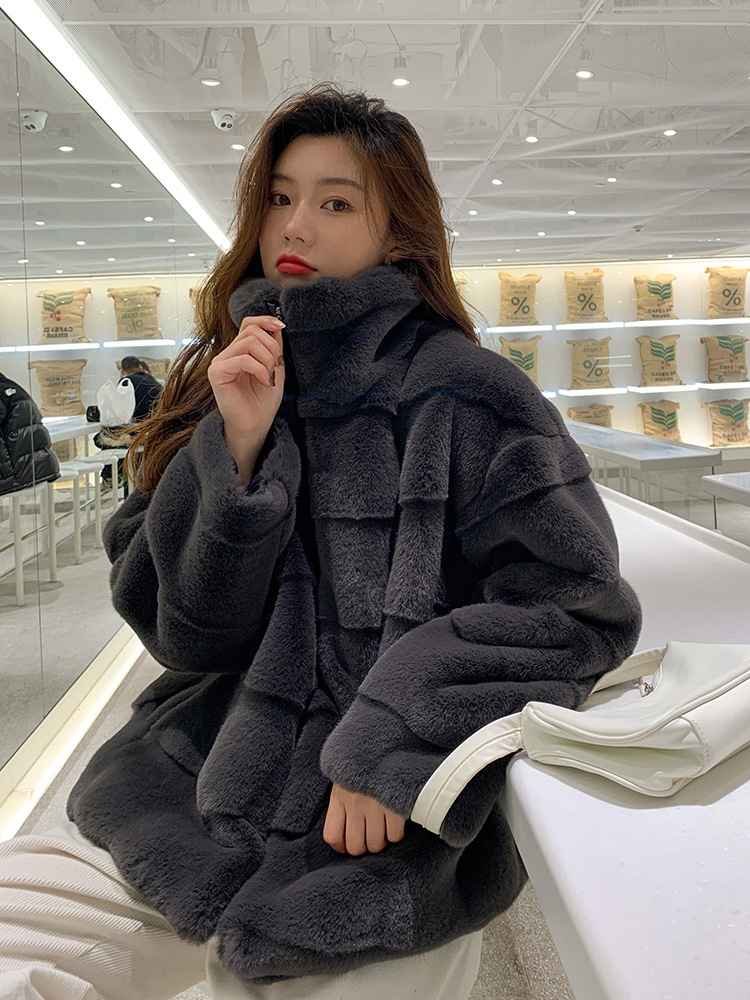 2024 新韓国スタイル模造ミンクの毛皮のコート女性の冬のヤングスタイルスタンドカラーラムファー毛皮のコート