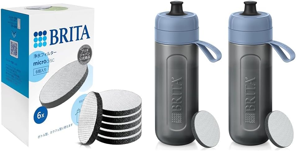 【セット買い】ブリタ 交換用 浄水 マイクロディスクカートリッジ 6個セット ボトル・カラフェ型浄水器用【日本正規品】＋ ブリタ 水筒 ボトル型 浄水器 2本セット アクティブ ダークブルー 600m