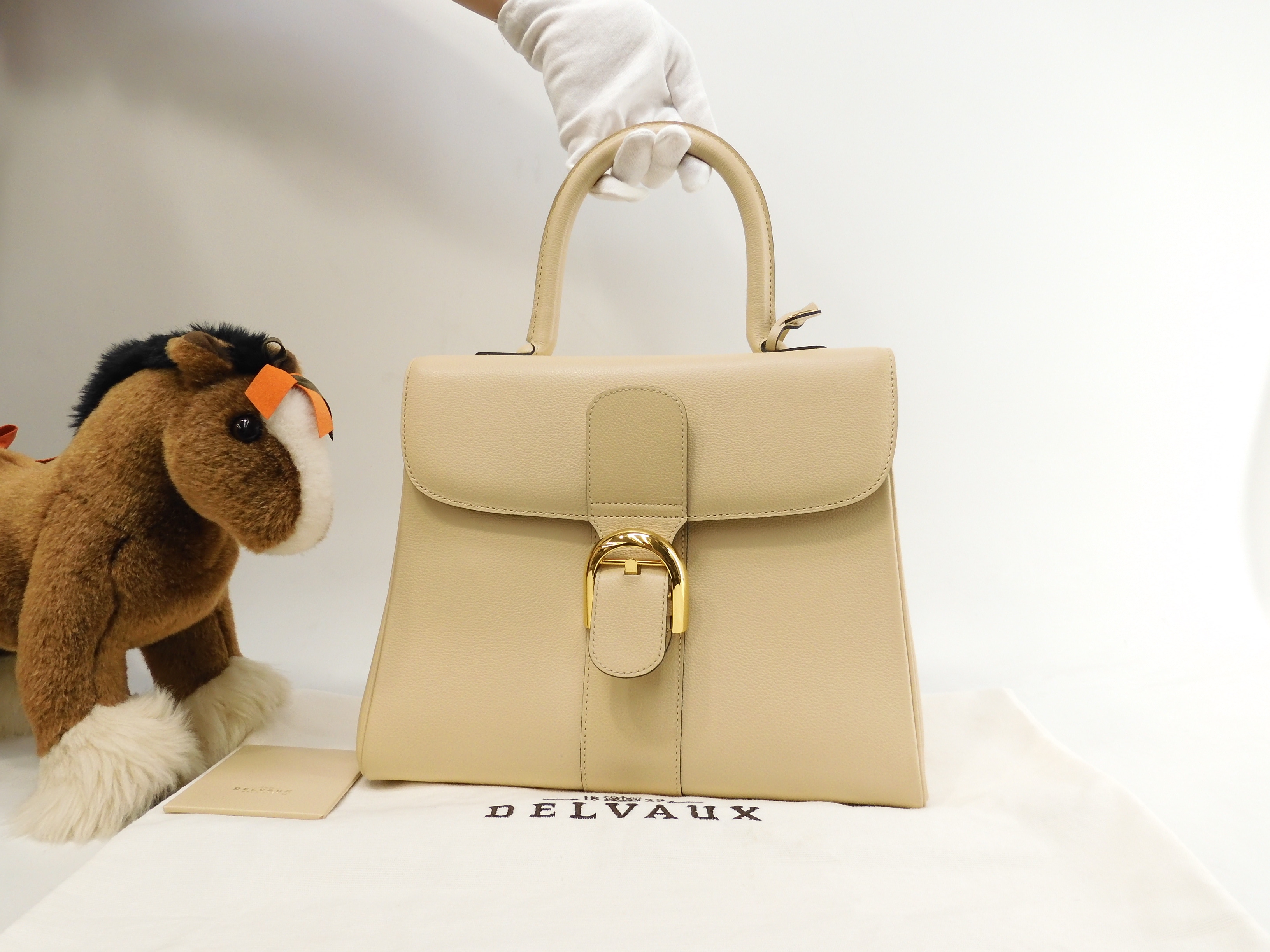 ブリヨンMM レザー クリーム ケリー型ハンドバッグ 美品@ 304