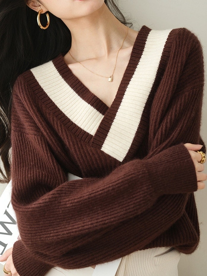 [現品/新品]韓国ファッション新作 ニットトップス 流行り無地Vネックベーシックニットゆったりスウェットセーターニットトップスインナー着痩せニットセーター