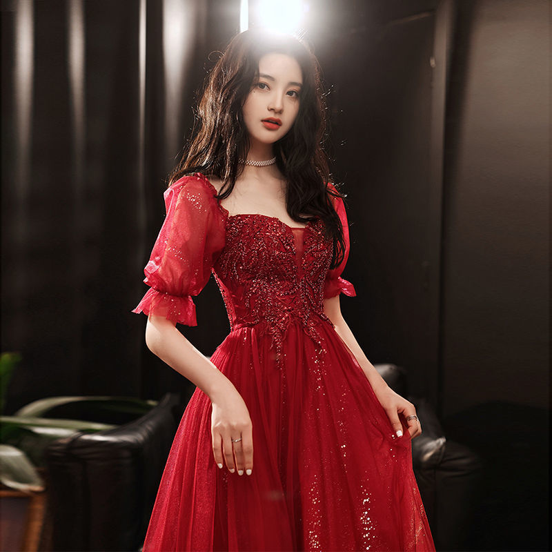 カラードレス ウェディングドレス 結婚式ドレス 半袖/刺繍付きアシンメトリー ミニドレス（カラードレス）ウェディングドレス 赤 結婚式ドレス-419