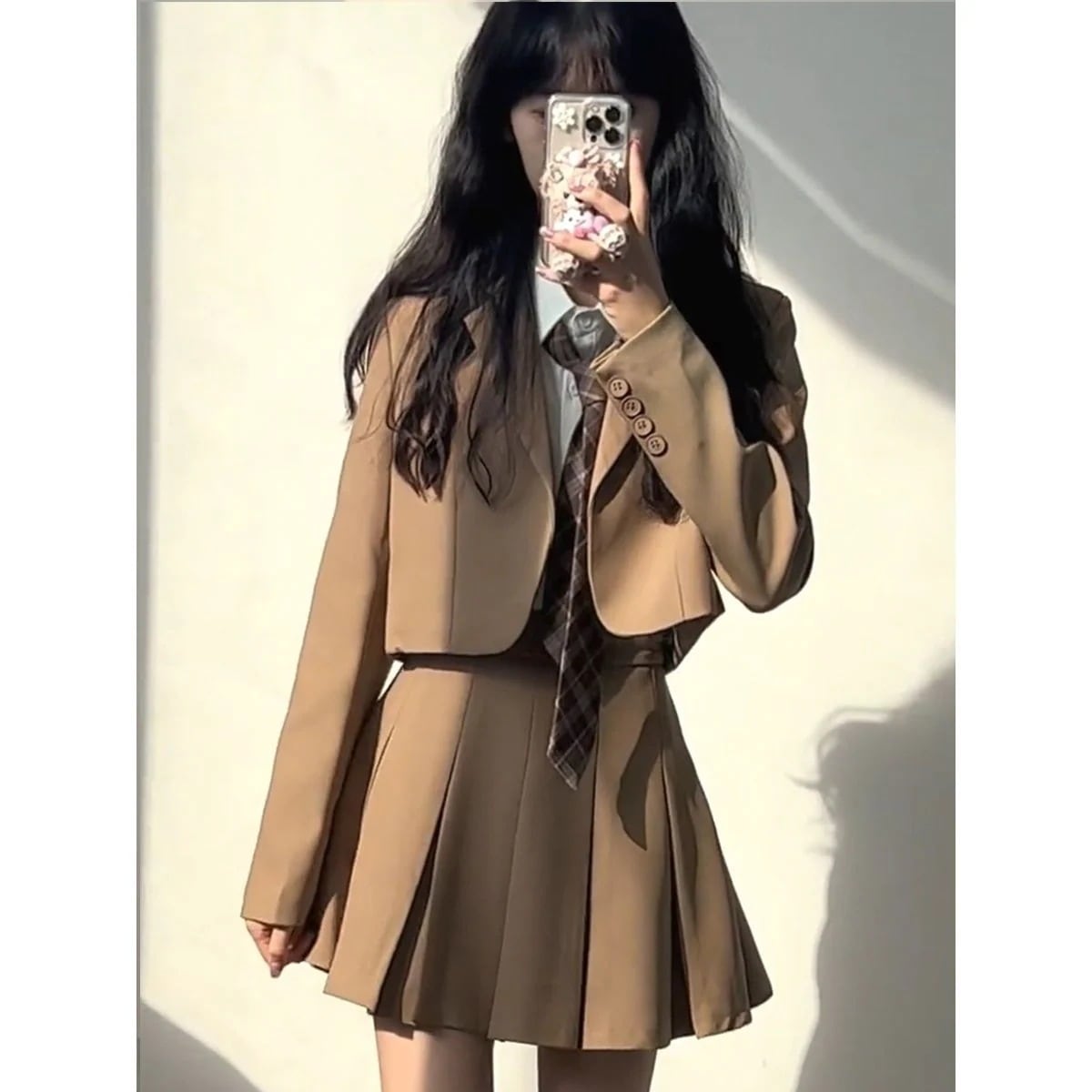 セットアップレトロキャンパス風スクールスーツセット卒業式スーツ女の子韓国卒服女子高校生3点セットトップス+スカート+シャツアウターおしゃれ着痩せ