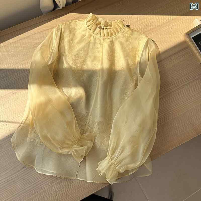 レディース　シャツ　レース　シルク Nanyin チャイナ風 桑の 絹の スタンドカラーの ボトムトップの レースの レイ ヤード シャツ 女性用 12,737円