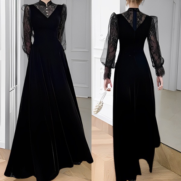 ドレス ワンピース イブニングドレス パーティードレス ブラックドレス ナイトドレス パーティー フォーマル 謝恩会 ロング マキシ 長袖 ハイネック Aライン レース 刺繍 シフォン ハイウエスト