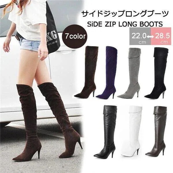 ニーハイ 美脚 ニーハイブーツ [10月推奨/20%OFF]ロングブーツ 黒 ハイヒール フェイクスエード ニーハイブーツ 秋冬