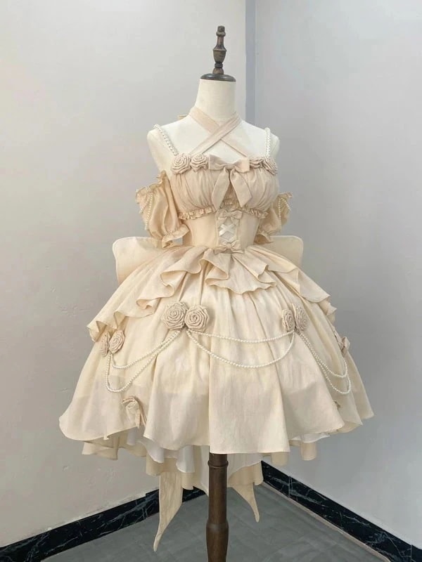 ロリータ ス 可愛い プリンセスドレス お姫様 ロリータ服 アイドル衣装ドレス リボン ベージュ アイドル衣装ドレス可愛い アイドル衣装 コスム コスプレ衣装