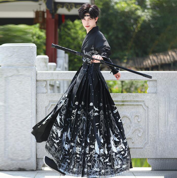 メンズ漢服唐装　メンズレディース中華伝統的漢服　侠客　ロング丈スカート+チャイナシャツ　豪華刺繍　中華古風コスプレ衣装　クリスマス仮装変装　ハロウィンコスプレ漢服　チャイナ舞台ステージ服　イベント学園