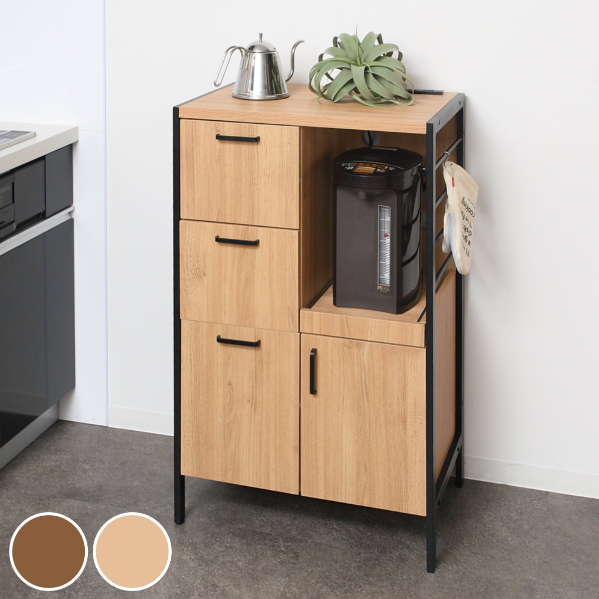 食器棚 シンプルモダン スチールフレーム ART 幅60cm キッチン収納 収納 棚 引き出し レンジ台 食器収納 キッチンキャビネット コンセント付き ブラウン ナチュラル 家電収納 木目調