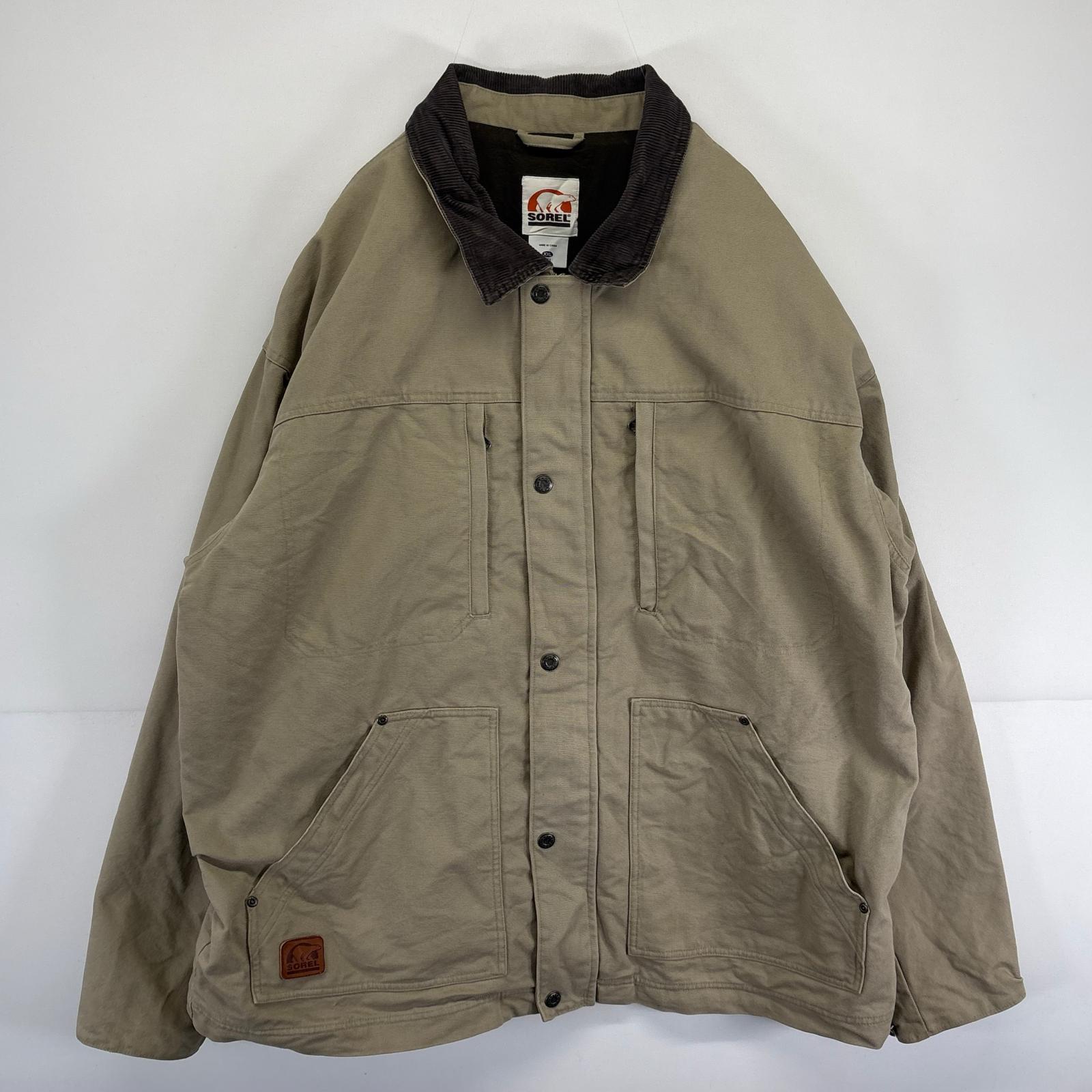 古着 SOREL ワークジャケット ダックジャケット 襟コーデュロイ ワンポイントロゴ 大きいサイズ 2XL ベージュ系 メンズ