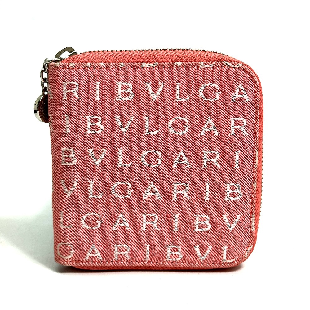 ブルガリ2つ折り財布 コンパクトウォレット ロゴマニア ラウンドファスナー キャンバス ピンク