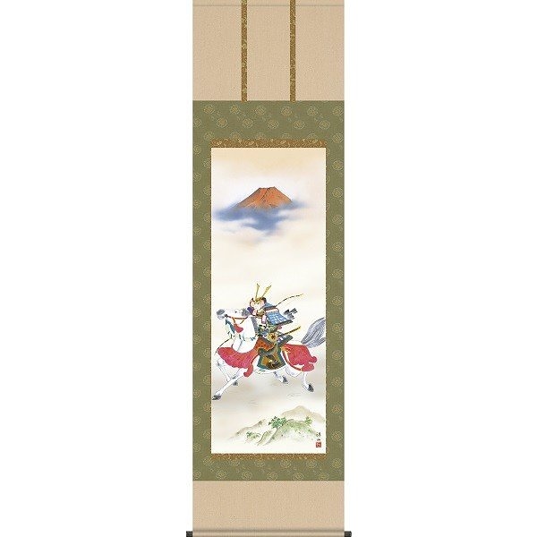 掛け軸/節句画/武者兜/吉祥武者/宇崎洋山/幸洋会/洛彩緞子本表装/尺五サイズ幅54.5cm/桐箱畳紙収納/表装品質十年保証/端午の節句掛軸 初節句 こどもの日