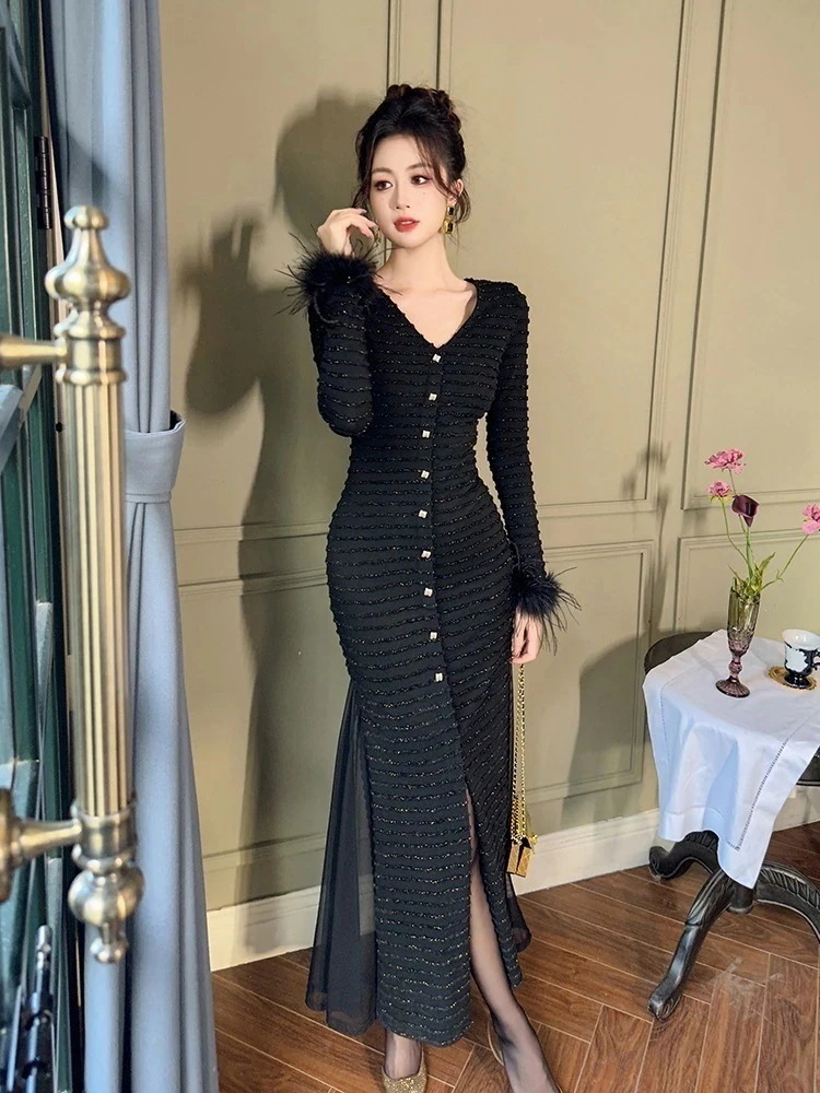 【JY.上品】 春冬 ニットワンピ 弾力性 シルム スリット パーティードレス キャバ 着痩せ 大人 同窓会 披露宴 卒業式 結婚式 演奏会 ウェディング 二次会