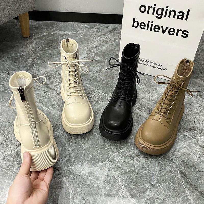 韓国ファッション 追加！ムートンブーツブーツローファー革靴秋厚底靴キャンパス風松糕靴ミドルヒールロングブーツ30%までに制限
